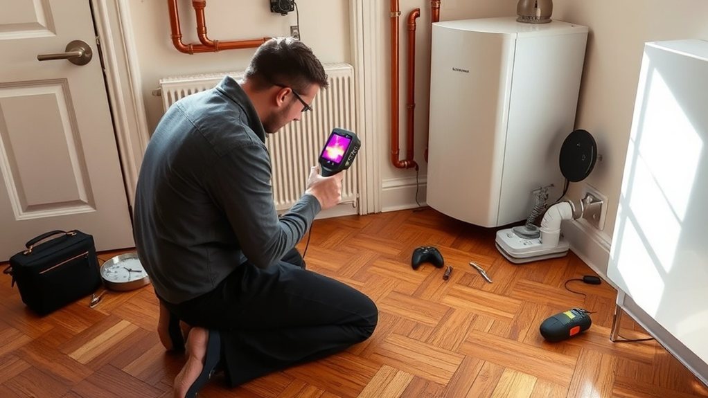 Engineer locating central heating leak using thermal imaging in Whetstone